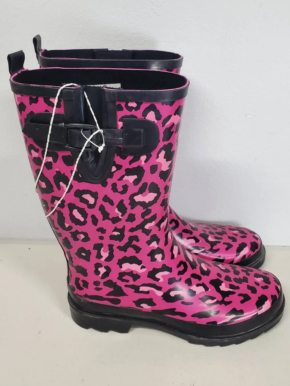 Target Cheetah Print Pink And Black Knee Length Rubber Rain Boots Size 9